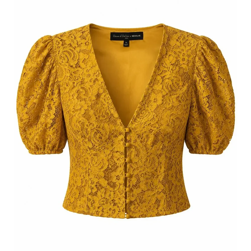House of Harlow 1960 x REVOLVE Yellow Lace Puff Sleeve Hook Front Crop Top